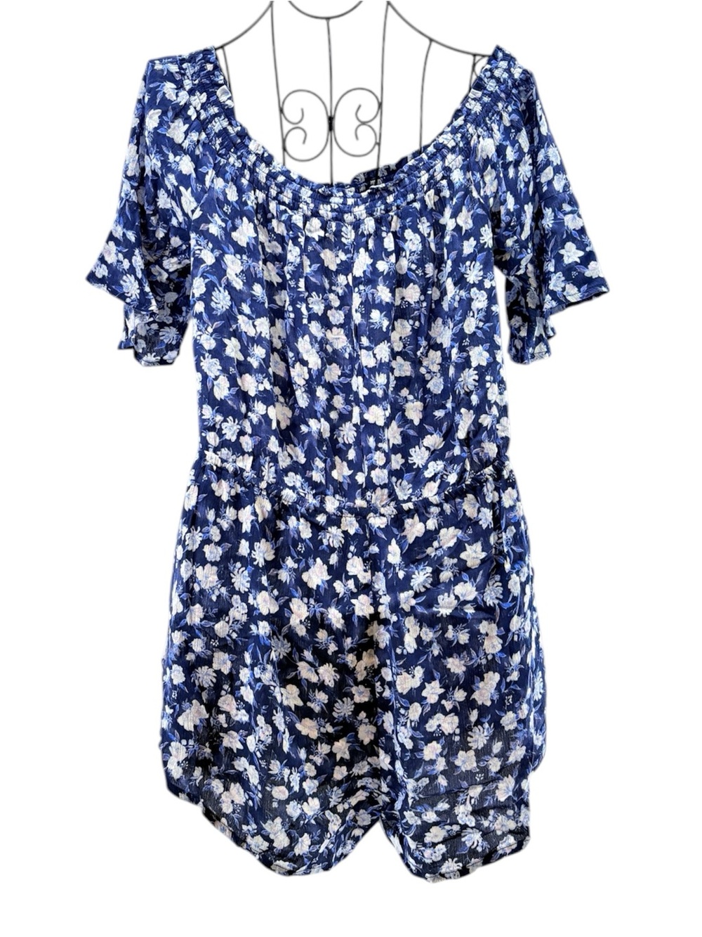 NEW Aeropostale Blue Floral Off-Shoulder One Piece Romper Size Medium